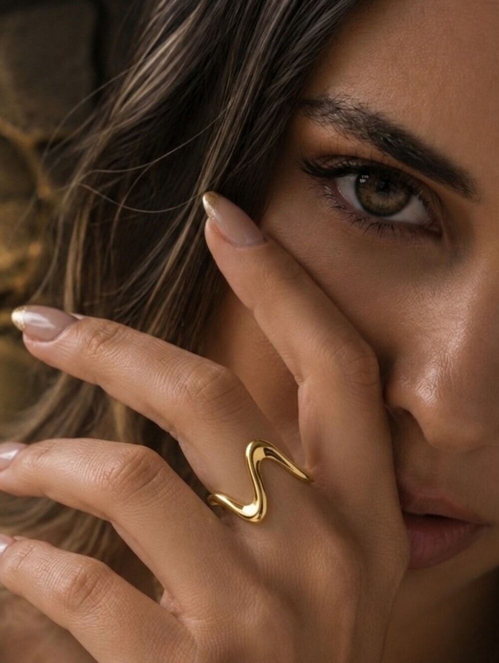 18K Gold Plated 304 Stainless Steel Wave Ring Adjustable Squiggle Modern 6-9